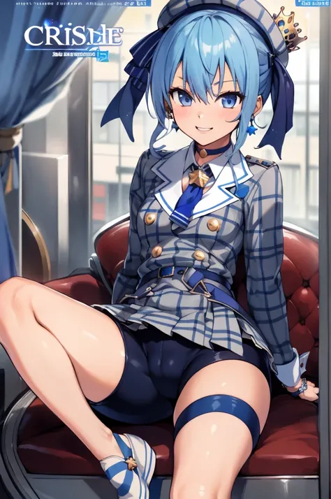 1girl, solo, detailed face,SuiseiBase, plaid beret, crown, blue star choker, star earrings, blue ascot, plaid jacket, plaid skirt, layered skirt, partially fingerless gloves, star bracelet, uneven legwear, thigh strap,(bike shorts),looking viewer,smile,sma...