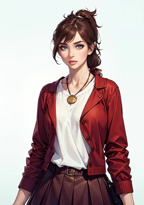  Women, Brown Hair, Brown Long Ponytail, bronw eyes, red Vest, white shirt, Red lon skirt, standing