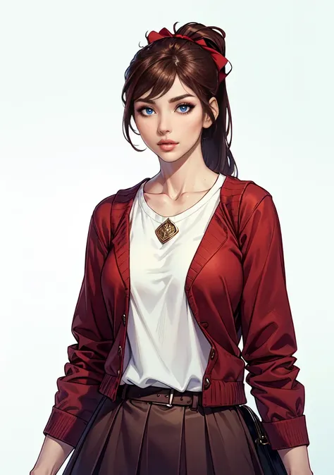  Women, Brown Hair, Brown Long Ponytail, bronw eyes, red Vest, white shirt, Red lon skirt, standing