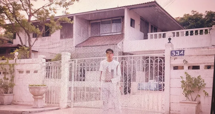 Thai handsome boy , one person white t-shirt,wearing white brief underwear,Standing with turn back to friends, facing halfway, wearing eyes glasses , another person wearing a student uniform,Standing at the iron fence in front of the front door. 