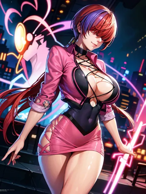 (night),in a video game scene with a neon background and a neon light,
standing at attention,
pink outfit,pink jacket,choker, cl...