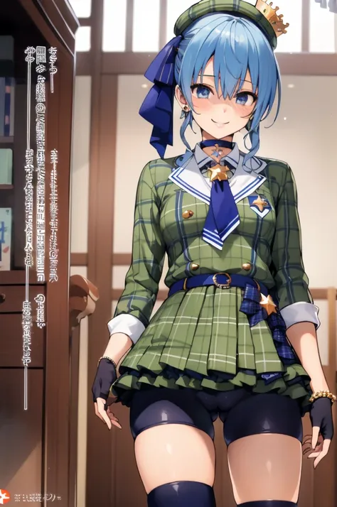 1girl, solo, detailed face,SuiseiBase, plaid beret, crown, blue star choker, star earrings, blue ascot, plaid jacket, plaid skirt, layered skirt, partially fingerless gloves, star bracelet, uneven legwear, thigh strap,(bike shorts),looking viewer,smile,sma...