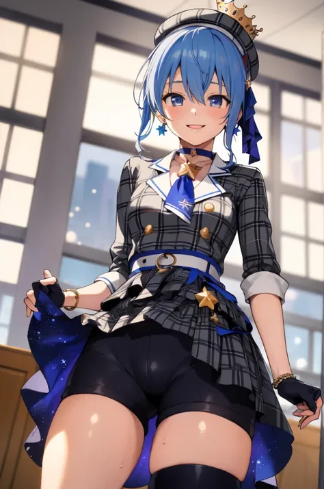 1girl, solo, detailed face,SuiseiBase, plaid beret, crown, blue star choker, star earrings, blue ascot, plaid jacket, plaid skirt, layered skirt, partially fingerless gloves, star bracelet, uneven legwear, thigh strap,(bike shorts),looking viewer,smile,sma...