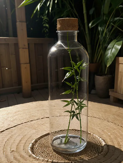 Generate a water bottle, should have a slight curve, similar to a hip, and be a little wider than usual. The bottle must be completely transparent. Fill the bottle with water, and also fill a similar glass of water. The bottle cap must have a bamboo straw ...