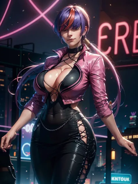 (night),in a video game scene with a neon background and a neon light,
Standing at attention,
pink outfit,pink jacket,choker, cleavage cutout, clothing cutout, 
earrings,
 purple hair,bangs,((hair over eyes)),
1 girl, 20yo,Young female,Beautiful Finger,Bea...