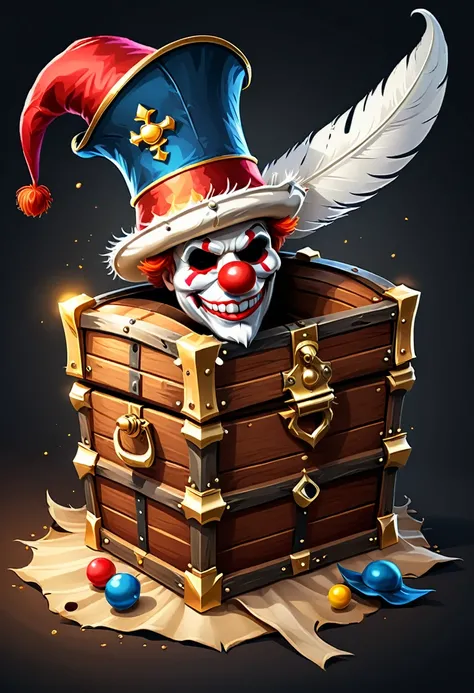 create a vector, simple, open treasure chest, wizar hat and pirat hat and clown hat and crown and knight helmet with feather flying out of the chest