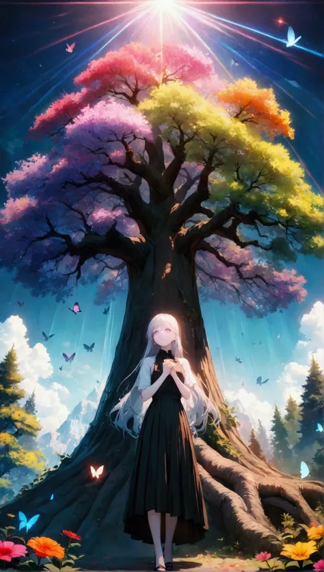 (woman(student, 15 years old, ＪＫ, Long Hair, Colorful eyes, Pale skin，) Looking up at the sky), (Many butterflies flying in the sky), Beautiful sky, summer，Colorful flowers are blooming everywhere, Mysterious and dreamy ,Giant Tree，quality(8k,CG wallpaper,...