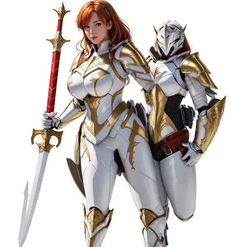 paladin, female, full armor, white armor, sexy, pretty face face, glowing armor, wonderfull,  full body, Meilleure qualité, 1fille, seulement, gros seins, clivage, rideaux de poitrine, glowing sword, red white and gold shield color, red white and gold armo...