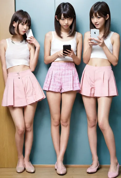 4girl,bob cut,short ponytails,beautiful girl,15 years old,(small brests:1.2),(skinny:1.2),,akb48,nogizaka46,long hair, short hair, multiple girls, (fullnude:1.7),pussy,soks, loafers, (hold a smartphone in hand:1.3),stand evenly against the wall,early morni...