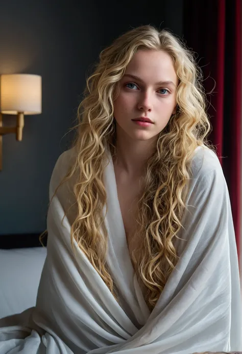 

Photo of a 20-year-old European girl, raw, beautiful woman, (extra long wavy blonde hair), ((portrait)), ((detailed face: 1.2)), ((detailed facial features)), (finely detailed skin), pale skin, wrapped in a sheet, bedroom environment, sitting on the bed,...