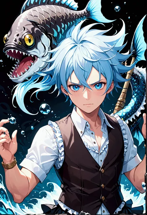 Male Angler Fish demon humanoid, multiple ice blue eyes, feminine facial structure, Bi-Shonen, multiple macabre eyes along the Frill flap, Aztec Button down shirt and vest, in the style of Helluva Boss (best quality)), ((masterpiece)), (detailed)