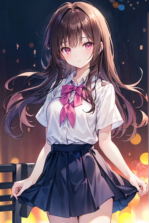 Dark brown hair color，Pale pink eyes，apricot pink school top，Navy Straight Skirt，Kind girl，((Highest quality)), (Very detailed), (High-definition CG synthesis 8K wallpaper), 高いly detailed, 高い-definition raw color photos, Professional photography, (((Bokeh)...