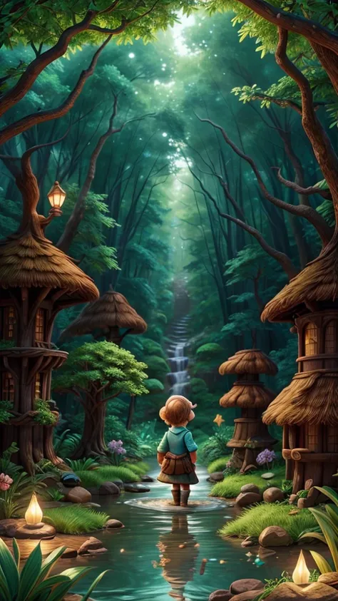 Elowen bravely navigating a magical forest, encountering whimsical creatures and crossing babbling streams, with a sense of adventure and discovery, HD, 4K, HIGH RESOLUTION