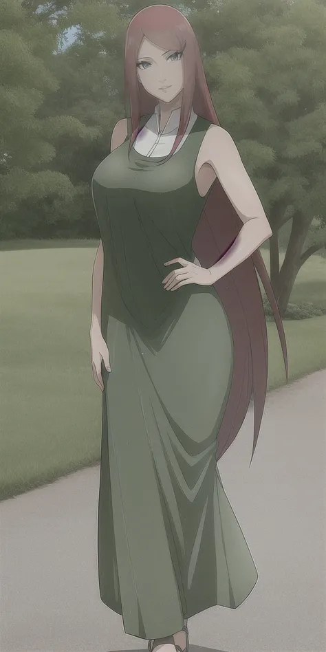 uzumaki_kushina, large_breasts, standing, solo, kushina_green_dress, masterpiece, best quality, detailed face, detailed eyes, highres,