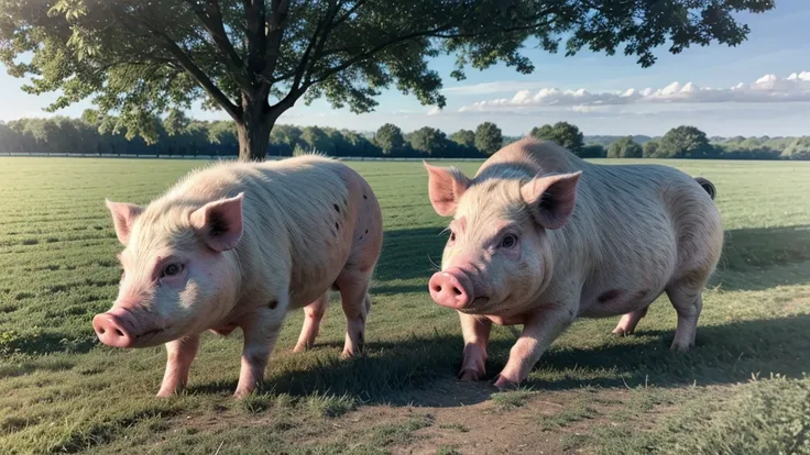 Pig on a farm, The day is clear, green grass