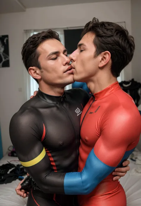 2 gay males in lycra kissing eachother in a messy bedroom 