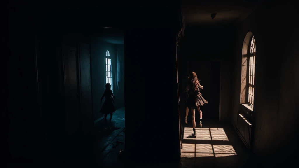 The terrified teenagers run through the dark corridors of The Broken Doll House, pursued by unseen forces. Shadows dance around them, and objects seem to move of their own accord. Dynamic, action-packed, with a sense of urgency and dread.