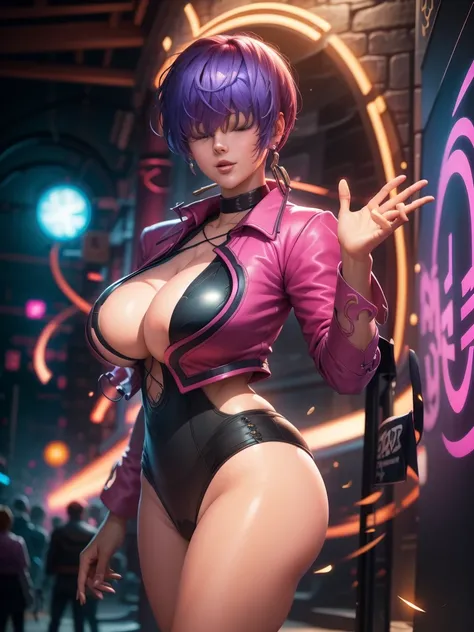 (night), in a video game scene with a neon background and a neon light,
Standing at attention,
pink suit, pink jacket, choker, neckline, clothing cut, 
earrings,
 purple hair, bangs covering eyes ((hair over eyes)),
1 girl, 20 years old, Young woman, Beaut...