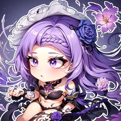 Adult elf girl. Witch, witch hat, flowers in hair. Purple hair, purple hair. Medieval. Tattooed. chibi, 
