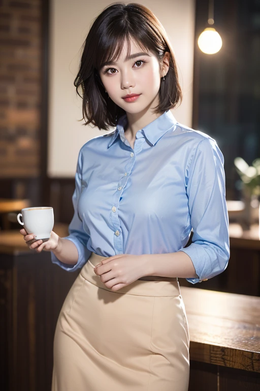 (a beautiful japanese woman with short hair, 23 years old, a gentle smile, wearing a collared shirt, a blue pencil skirt , in a coffee cafe, bokeh background, cowboy_shot, peace in simplicity, (best quality,4k,8k,highres,masterpiece:1.2),ultra-detailed,(re...