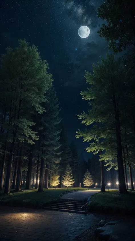 A beautiful park of trees at night with moonlight and stars photo landscape realistic and fantasy style 