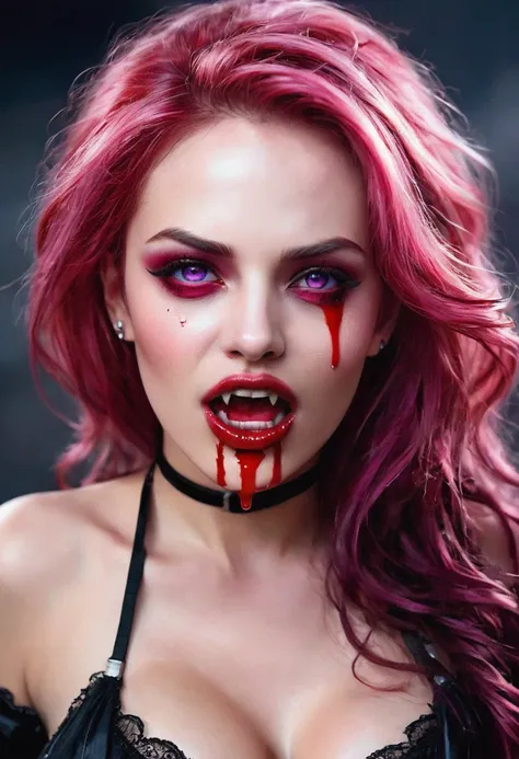 aa portrait of vampire with a bloody tear coming down from he eye, an exotic beautiful female vampire, pink hair color, dynamic hair style, ultra detailed face, best detailed face, silver eye color, ((1single red teardrop: 1.3)), ((tear drop made from bloo...