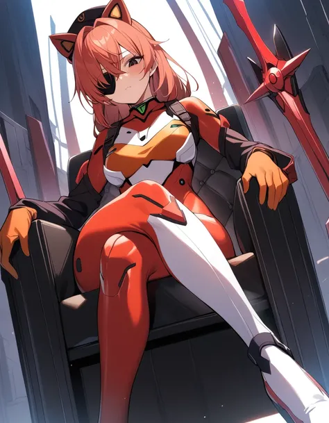 1 girl, Suryu Asuka Langley, Neon Genesis Evangelion, Evangelion rebuild, spear of Longinus, cat hat, overalls, pilot suit, Red bodysuit, sitting, crossed legs, black eye patch, throne, Looking down, from below, I look at the viewer, on open air, masterpie...