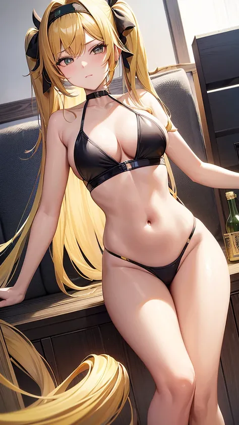 masterpiece, best quality, diluc (genshin impact), 1 girl very beautiful slim in bikini 18 year old with yellow hair 