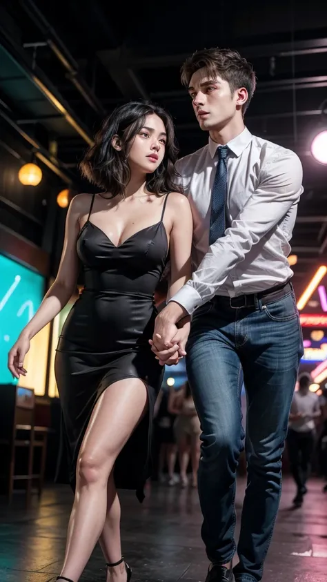 "Create a realistic illustration of a 25-year-old couple running quickly out of a nightclub, holding hands, looking like they are fleeing or hiding from someone. The man has short hair and is wearing a dress shirt and jeans. The woman has dark hair, an ind...