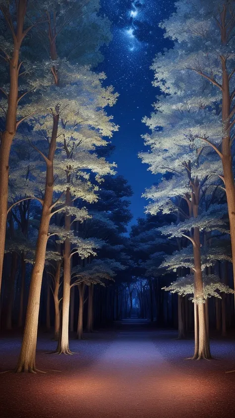 A beautiful park of trees at night with moonlight and stars photo landscape realistic and fantasy style 