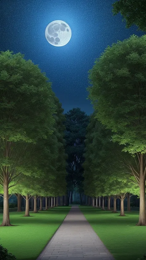 A beautiful park of trees at night with moonlight and stars photo landscape realistic and fantasy style 