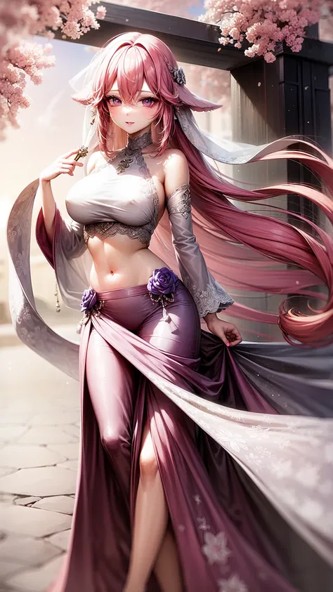 purple eyes,wedding dress,long skirt,crop top,pink hair