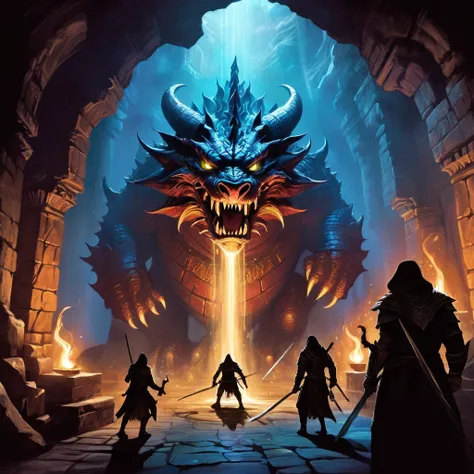 dungeons & Dragons, aesthetics, dungeons e Dragões, A group of adventurers exploring a mystic dungeon, illuminated by the flickering torch light, (dark and gloomy, mysterious ambiance). The walls are covered in intricate, Ancient sculptures, telling a stor...