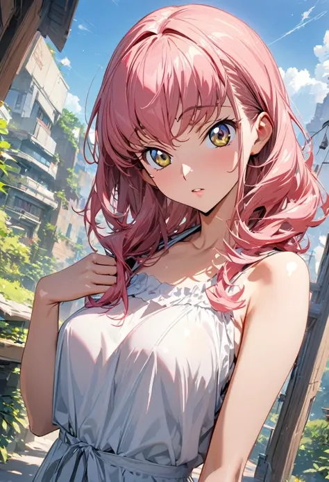 One woman, Ultra-high resolution, 超detailed, Highest quality, 8k,((Highest quality)), ((masterpiece)), (detailed)，Face direction(front)，Hair Color(Bright pink，Fine hair quality，Soft and fluffy)，background(blue sky，morning)，eye(パッチリとしたeye元), clothing(Summer...