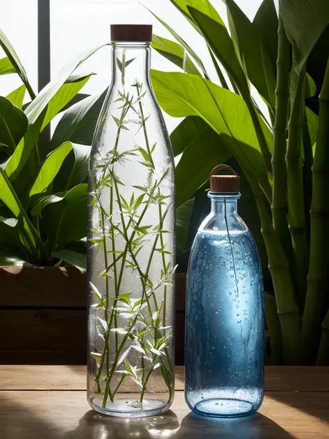 Use the Bottle as a reference, Generate a water bottle, should have a slight curve, similar to a hip, and be a little wider than usual. The bottle must be completely transparent. Fill the bottle with water, and also fill a similar glass of water. The bottl...