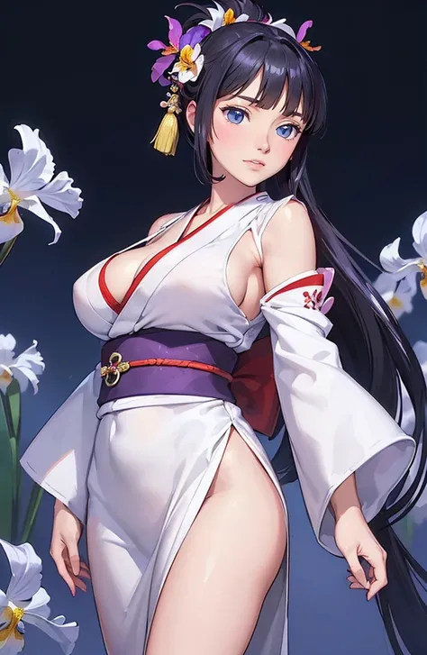 ((((Very nice smile))))、((Direct your gaze this way))、1 girl,NsfW,(one peace wanokuni edition)、((ponytail、Red ribbon on the tie)) 、((they say olobi))、((A very sexy mini kimono　dress with a large slit、(((Kimono obi)))、(((The white kimono is decorated with p...