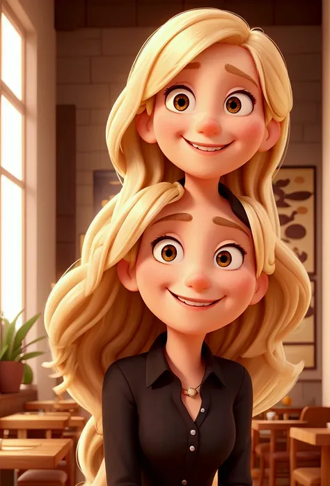 Cartoon style woman, pixar, a wide, warm smile. She has long, blonde hair, that fall softly on your shoulders. She is wearing a black long-sleeved blouse. The woman is in an outdoor environment, probably in a cafe or restaurant, with a relaxed and illumina...