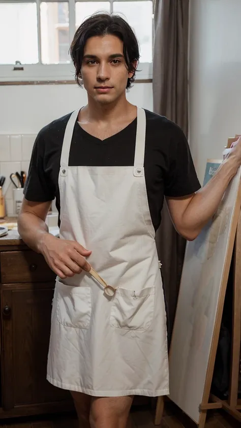 dark black hair england man, the process of drawing on canvas, brown eyes, wearing apron, detailed