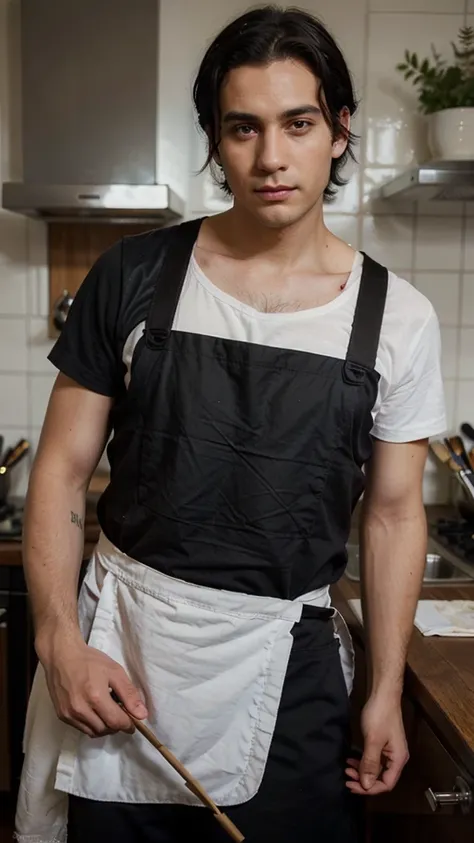 dark black hair england man, the process of drawing on canvas, brown eyes, wearing apron, detailed