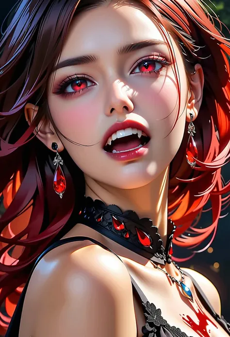 aa portrait of vampire with a bloody tear coming down from he eye, an exotic beautiful female vampire, red hair color, dynamic hair style, ultra detailed face, best detailed face, silver eye color, ((1single red teardrop: 1.3)), ((tear drop made from blood...