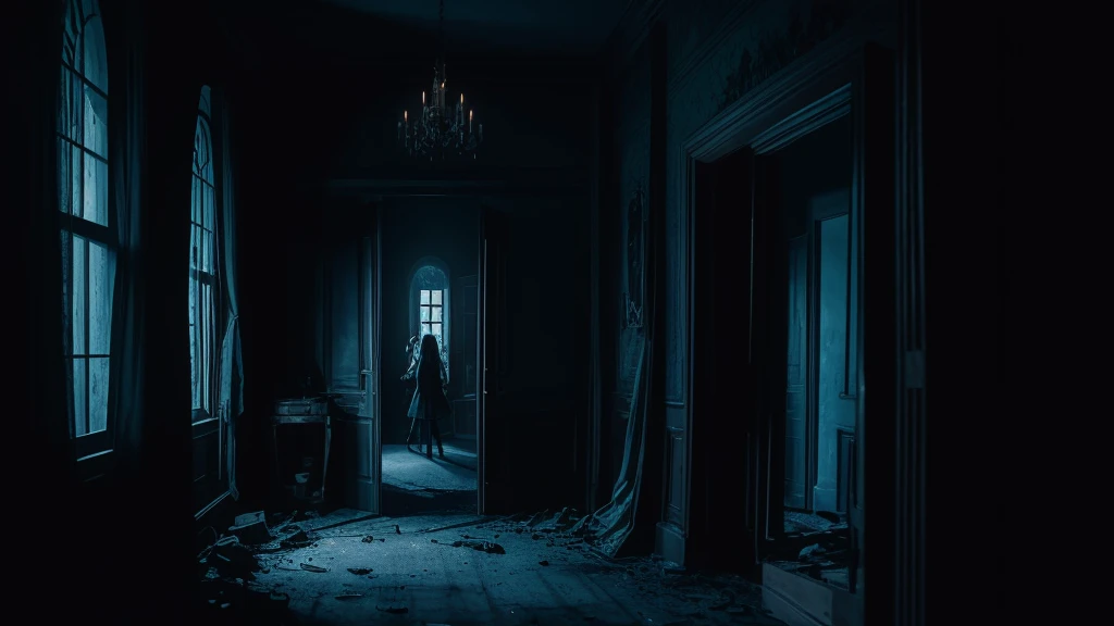 Finally, after what felt like an eternity, the teenagers managed to find a broken door and escaped from that cursed house. The scene should depict the exterior of the haunted mansion with teenagers bursting through a broken door, expressions of relief and ...