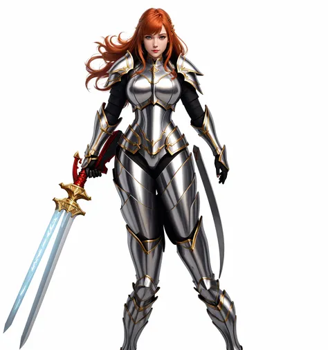 paladin, female, full armor, white armor, sexy, pretty face face, glowing armor, wonderfull,, full body, Meilleure qualité, 1fille seulement, one body, gros seins, clivage, rideaux de poitrine, glowing sword, red and gold shield color, red and silver armor...