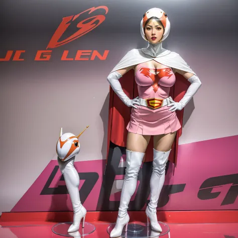 ANI_CLASSIC_jun_gatchaman_ownwaifu,1girl, 17yo,good anatomy, masterpiece, best quality,realistic, hyper realistic, 16k hdr, long hair,breasts,lips,large breasts,lipstick,makeup,gloves,cape,helmet,belt,elbow gloves,white gloves,mask,ultra miniskirt,leotard,...