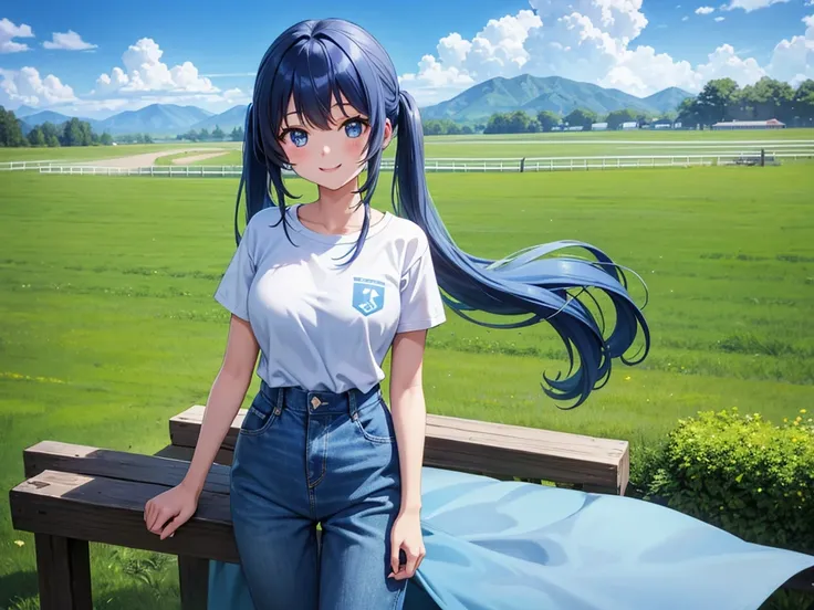 Light blue long hair、Beautiful girl with twin tails、T-shirt and denim jumpsuit、Bright smile、Thoroughbred Ranch、Lots of race horses、blue sky