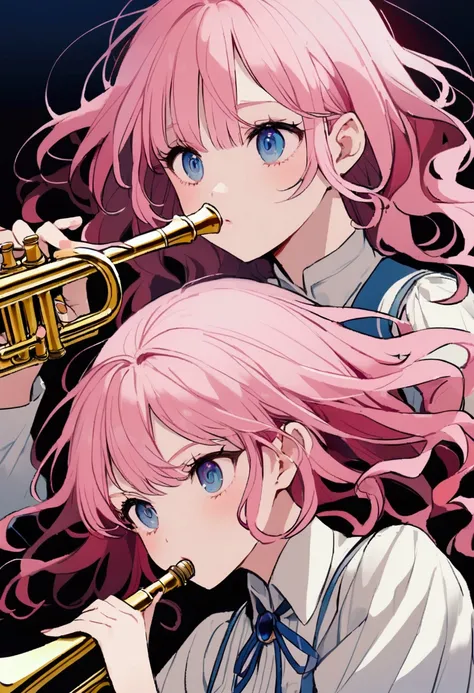 Playing the Trumpet、No sound、Red face、panic、Girl with pink hair、blue eyes