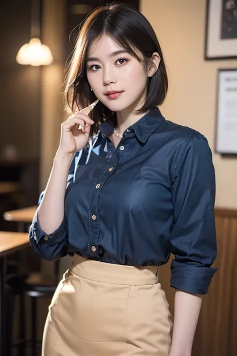 (a beautiful japanese woman with short hair, 23 years old, a gentle smile, wearing a collared shirt, a blue pencil skirt , in a coffee cafe, bokeh background, cowboy_shot, peace in simplicity, (best quality,4k,8k,highres,masterpiece:1.2),ultra-detailed,(re...