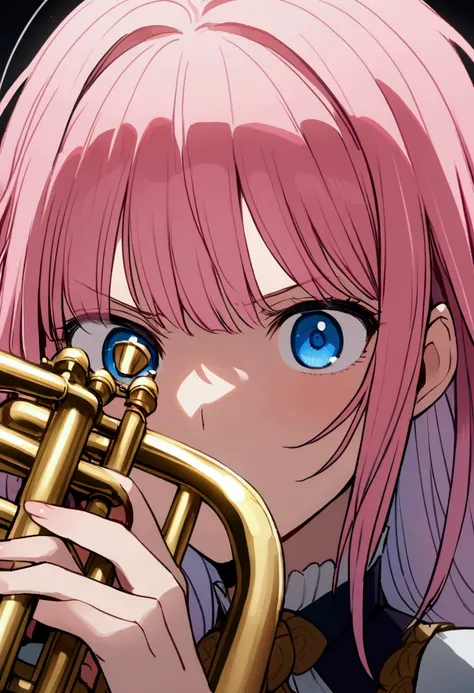 Playing the Trumpet、No sound、Red face、panic、Girl with pink hair、blue eyes、Upper Body