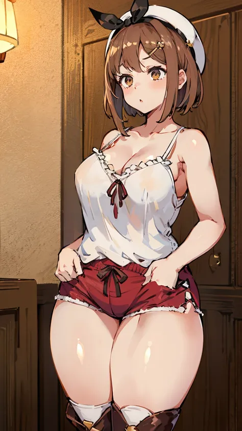 (Highest quality, 8k, masterpiece :1.3),Lizaリン・シュタウト(Lizaのアトリエ),Liza, One woman,Large Breasts,short hair,Brown Hair,hair band,Clothing,hat,White shirt,White camisole,Red shorts,Brown long boots,Blowjob,nsfw,Plump body,Thighs,Full Nelson Pose,Armlock,Piledr...