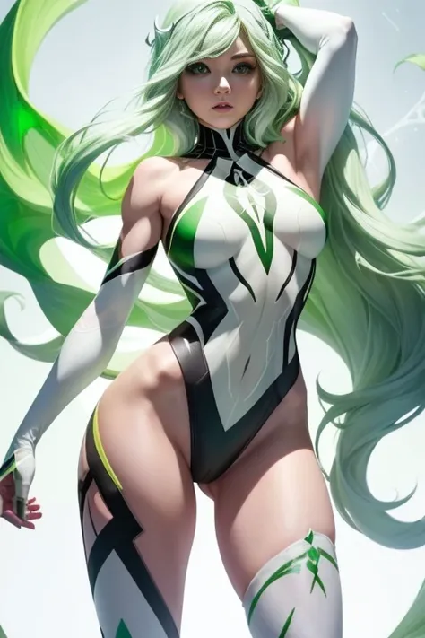 "((Highest quality,Best lighting)), Pretty model with long white hair and athletic body, Detailed abdomen (((Vestined a Spider Gwen))), Emphasized and detached breasts, Dynamic pose, Colored Background, High saturation, Brilliant lights." ((whole body)) ((...