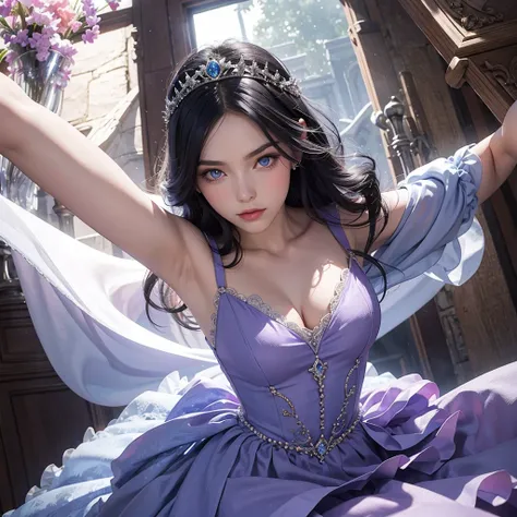 princess in a castle. Hair black, blue eyes and a lilac dress.
